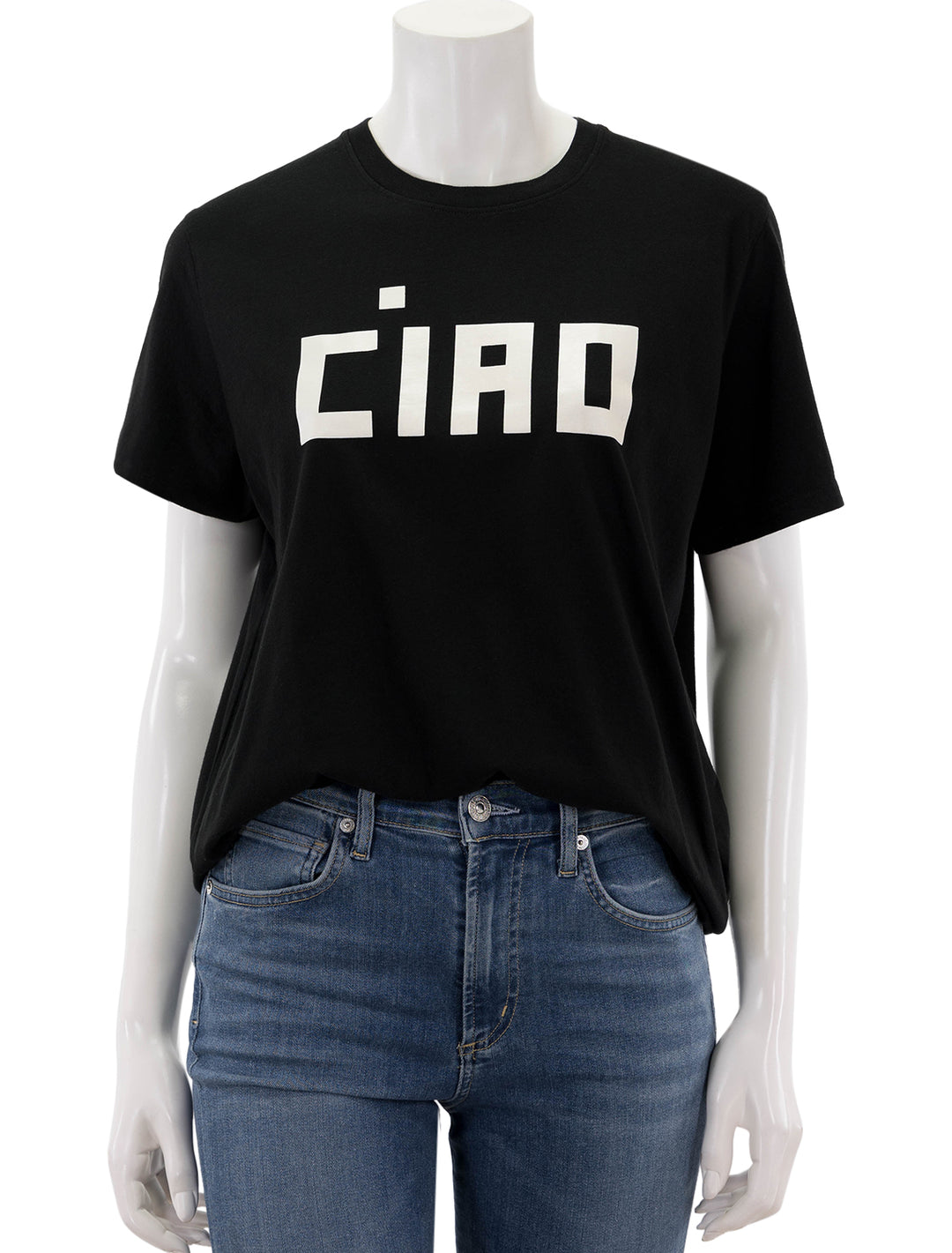 Front view of Clare V.'s original tee in black and cream ciao.
