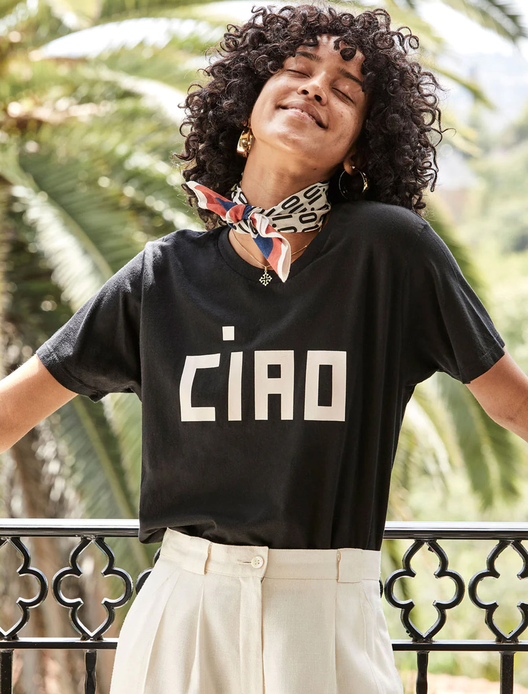 Model wearing Clare V.'s original tee in black and cream ciao.