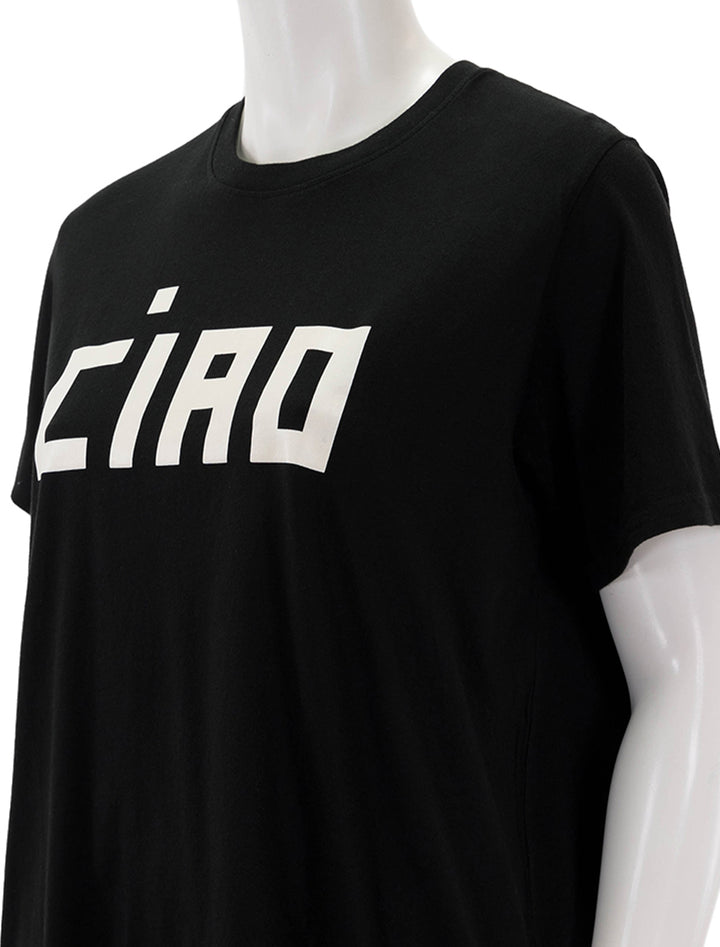 Close-up view of Clare V.'s original tee in black and cream ciao.
