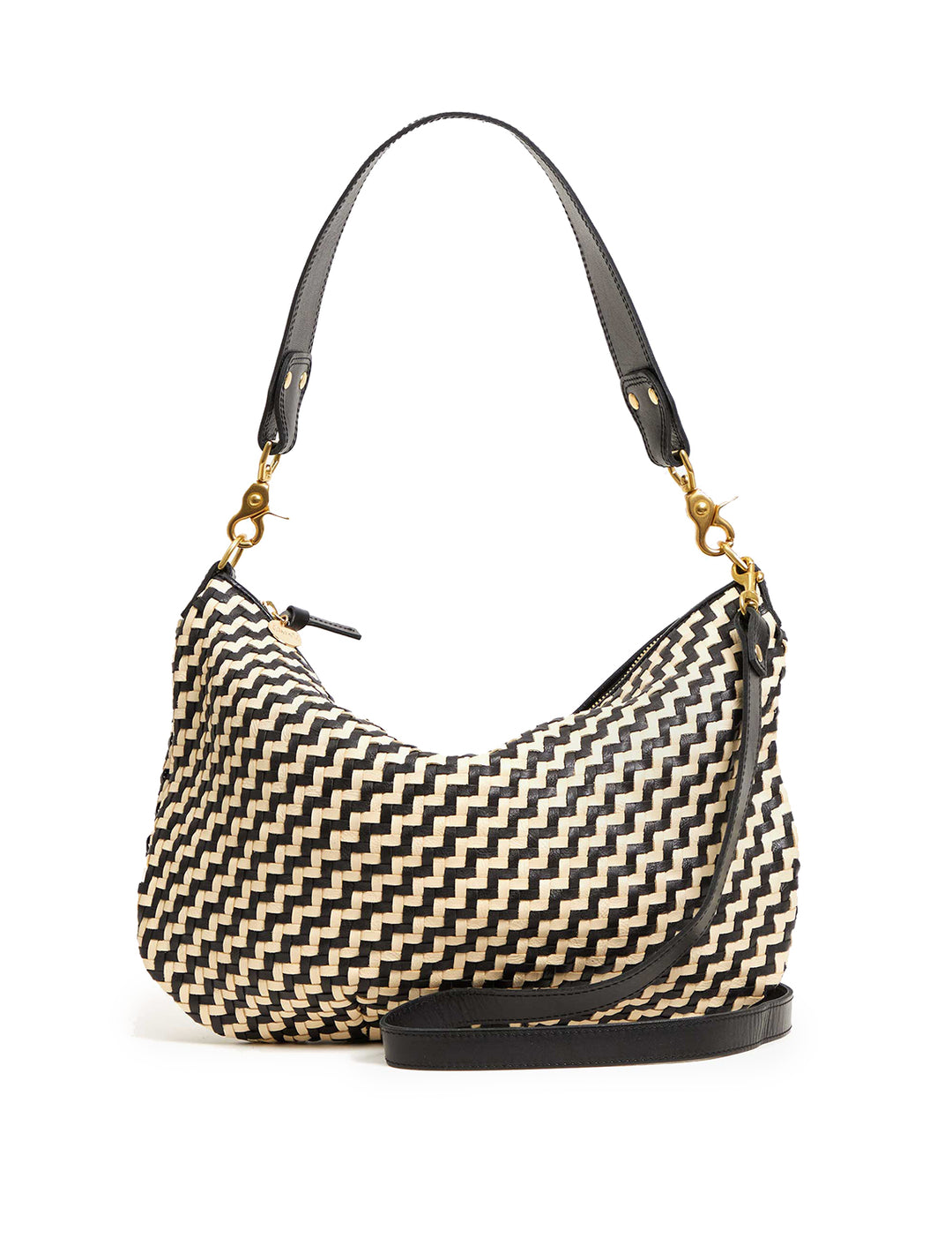 Front view of Clare V.'s moyen messenger in black and cream zig zag woven.