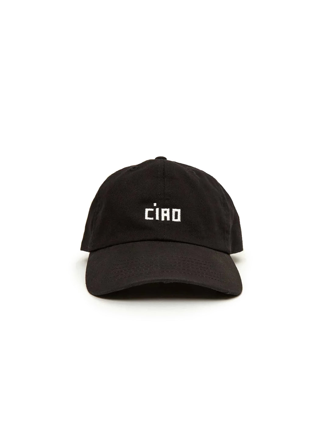 Front view of Clare V.'s ciao baseball hat in black and white.