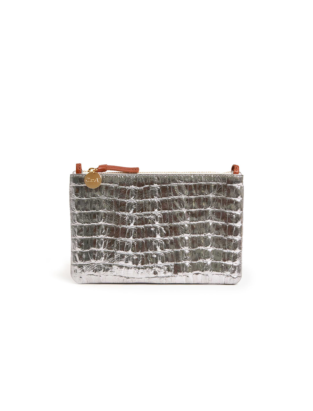 Front view of Clare V.'s wallet clutch with tabs in silver metallic croco.