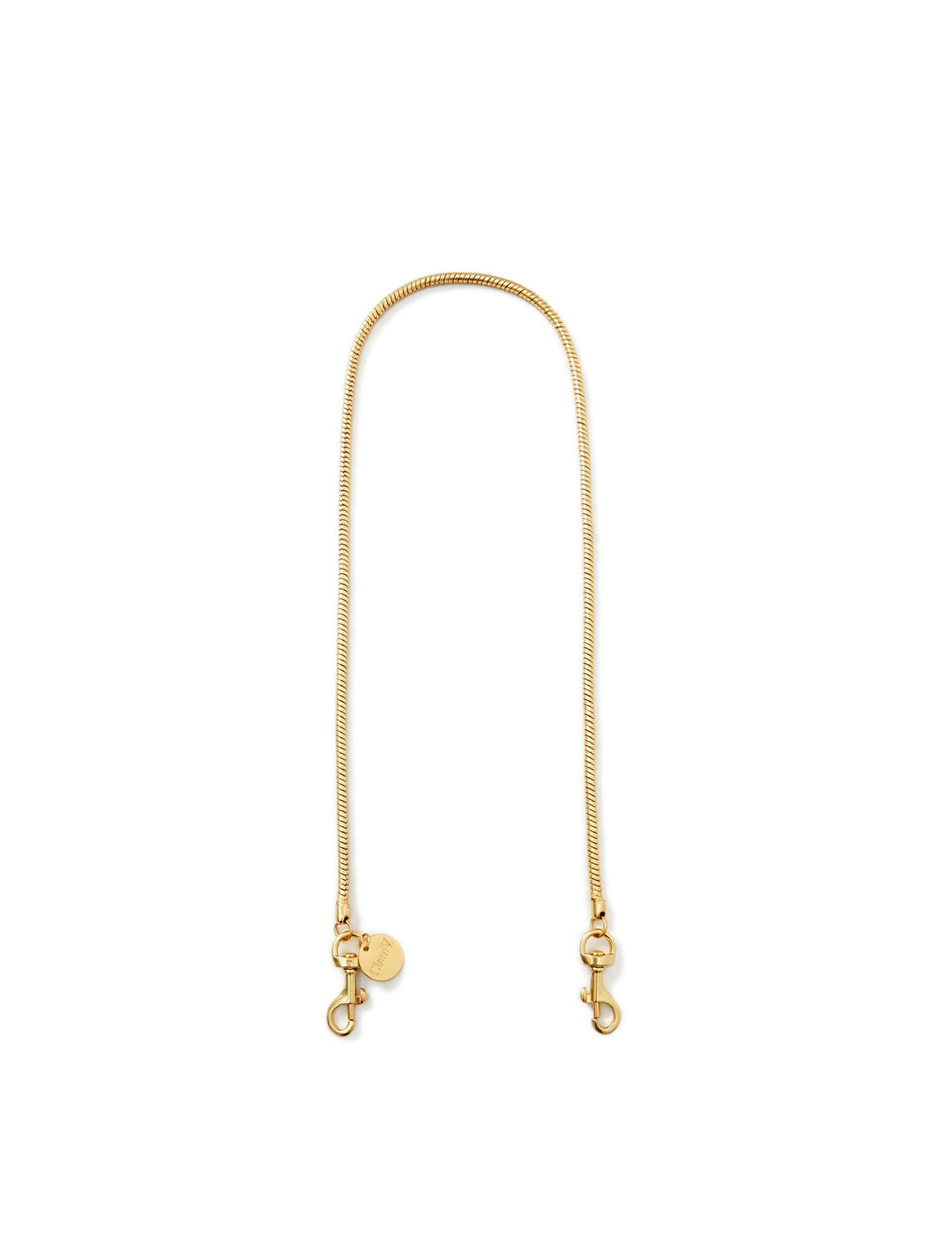 Front view of Clare V.'s snake chain shoulder strap in vintage gold.