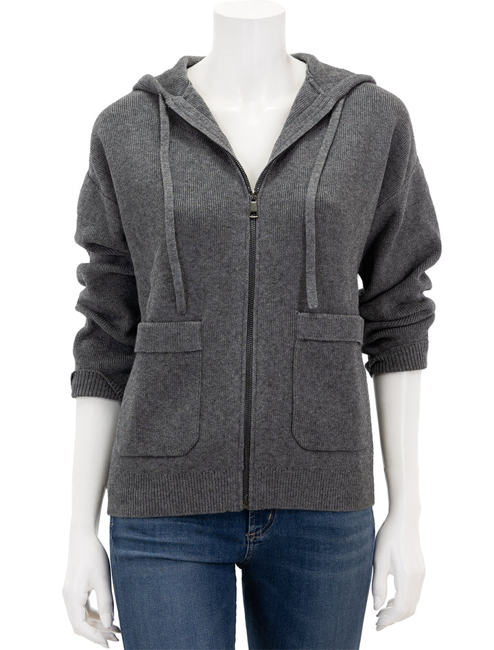 Front view of Splendid's cora zip sweater hoodie in heather charcoal.