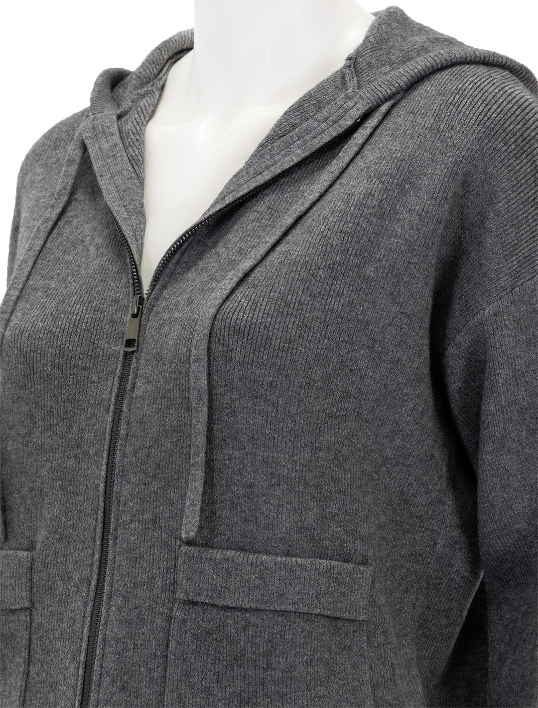 Close-up view of Splendid's cora zip sweater hoodie in heather charcoal.