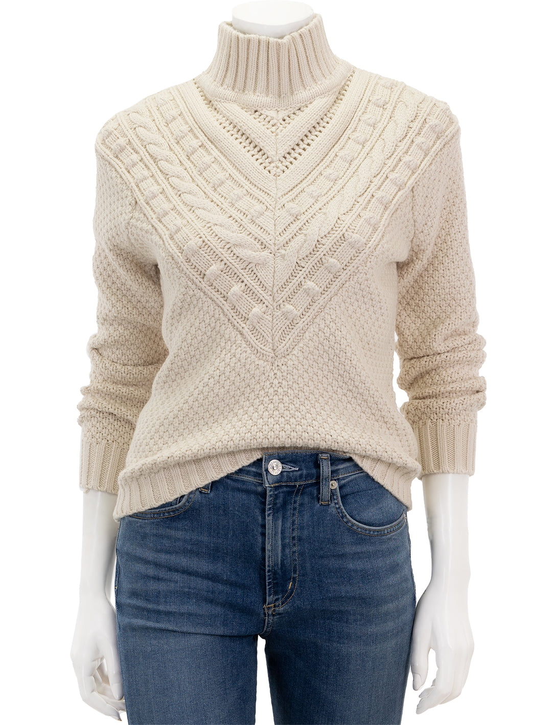 Front view of Splendid's maggie turtleneck sweater in white sand.