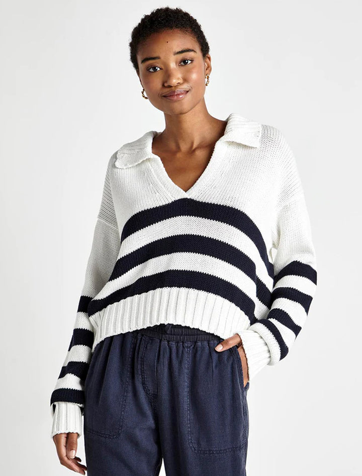 Model wearing Splendid's parker polo stripe sweater.