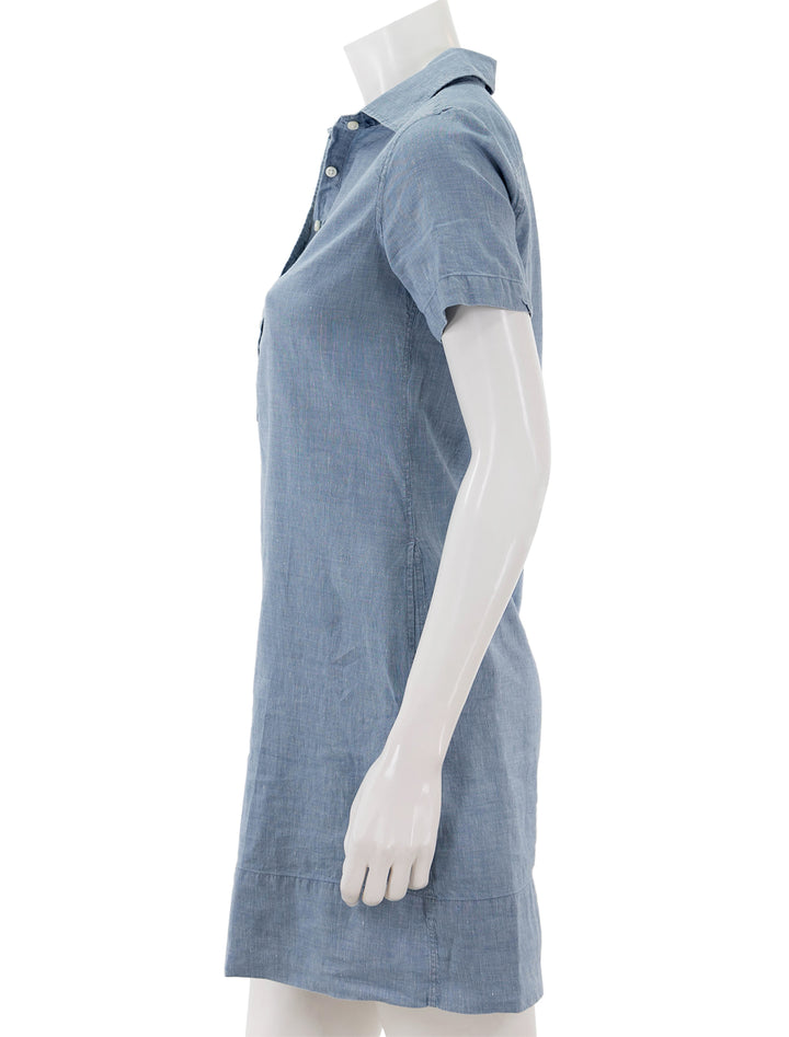 Side view of Ann Mashburn's short sleeved popover dress in light chambray.