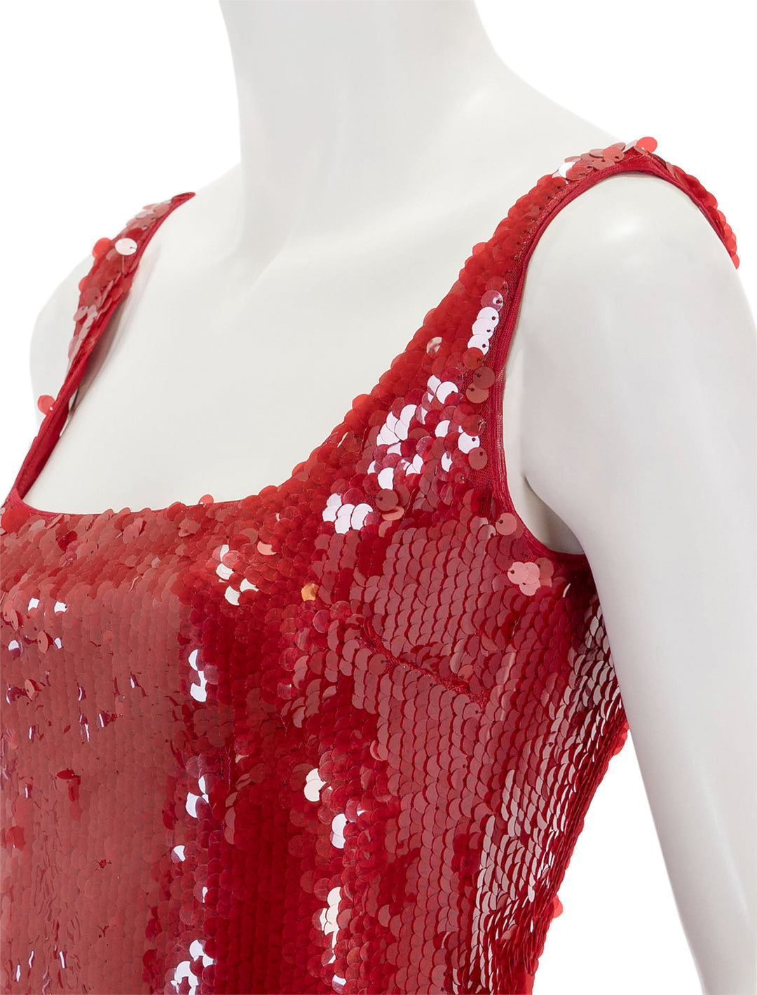 Close-up view of STAUD's eclipse dress in poinsettia.