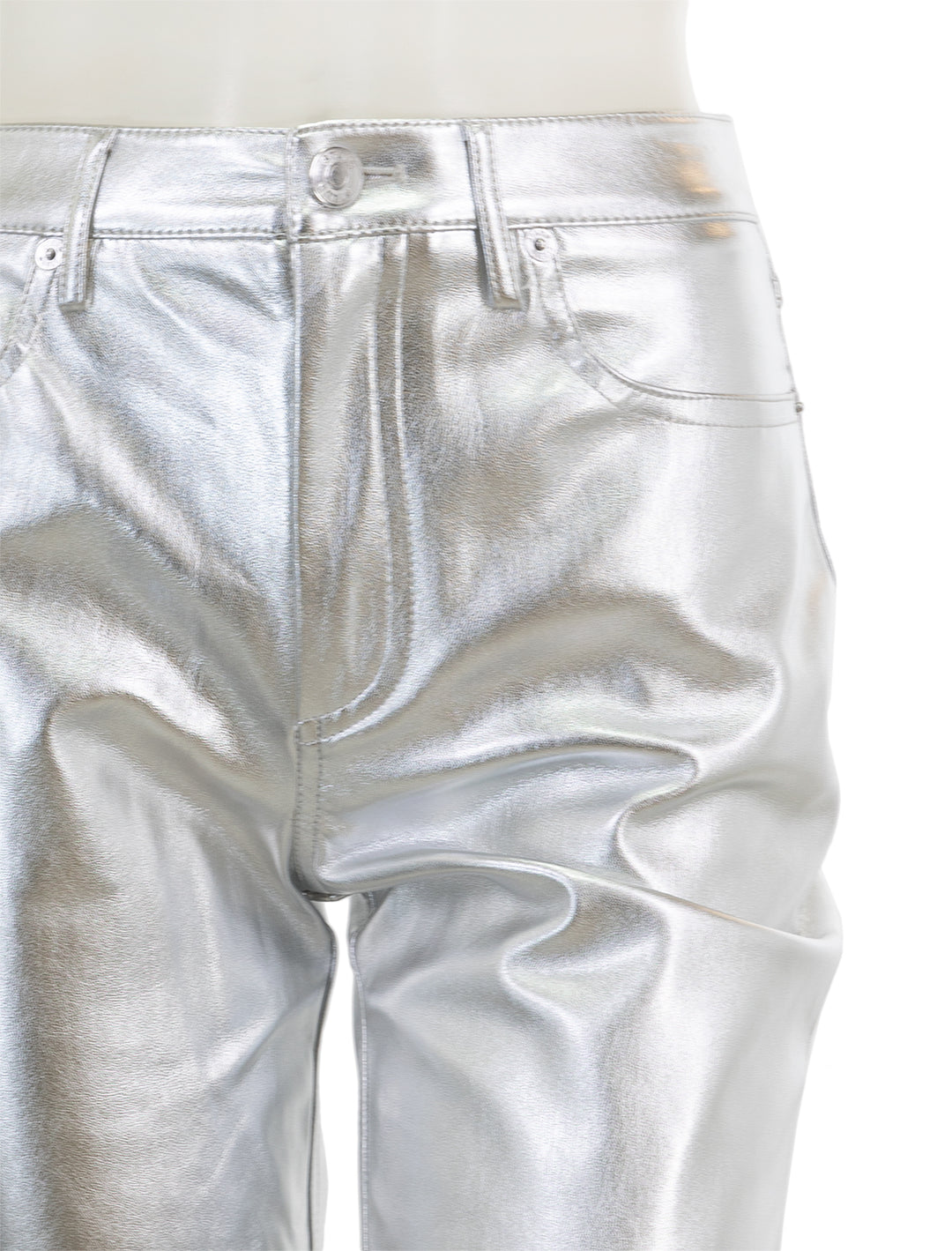 Close-up view of STAUD's chisel pant in silver.
