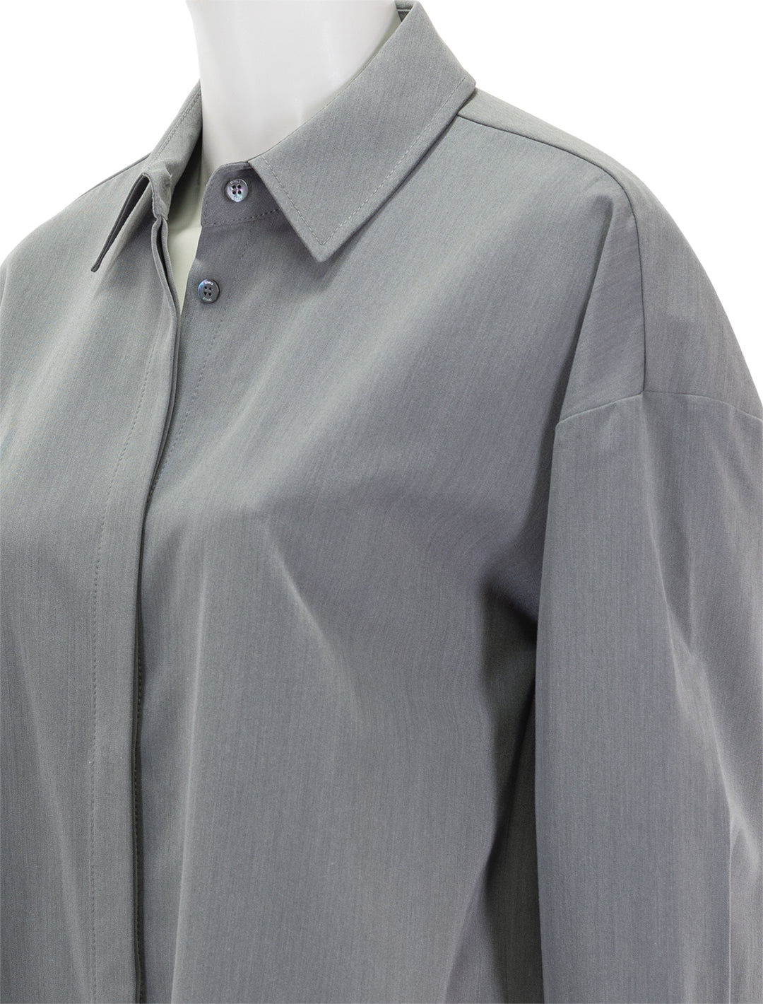 Close-up view of STAUD's colton shirt in heather grey.