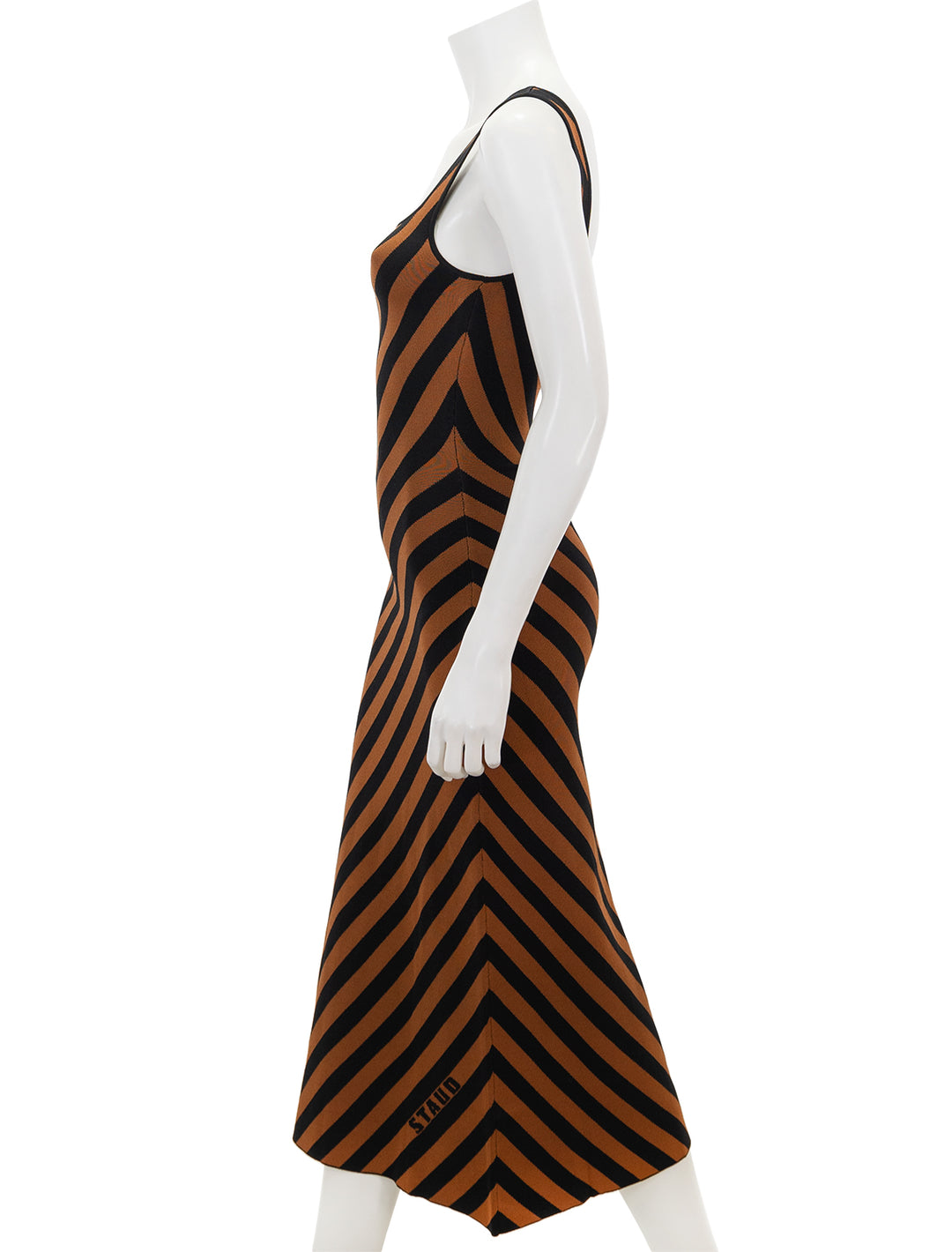 Side view of STAUD's Kate Dress in Black and Tan Seashore Stripe.