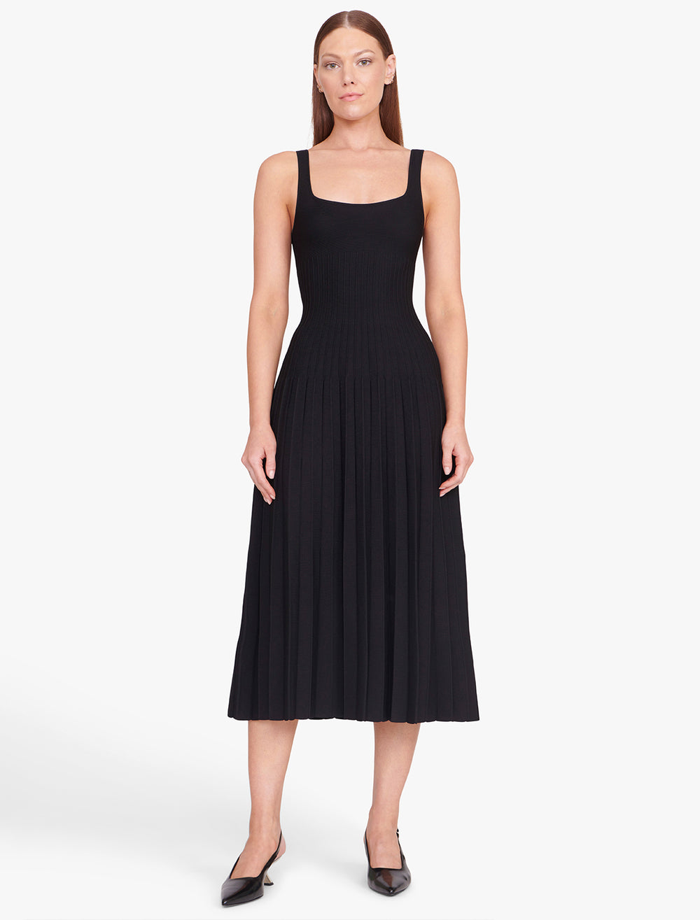 Model wearing STAUD's ellison dress in black.