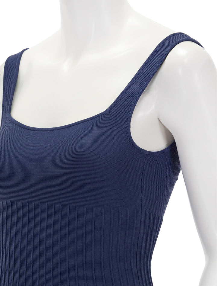 Close-up view of STAUD's ellison dress in navy.