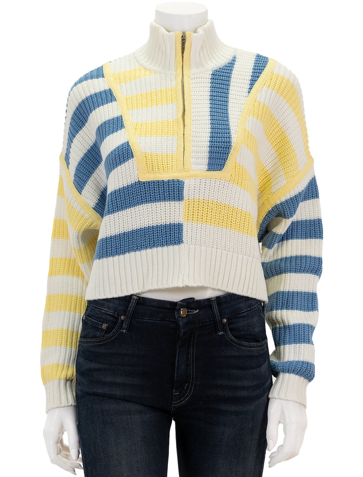 Front view of STAUD's cropped hampton sweater in buttercup seashore stripe.