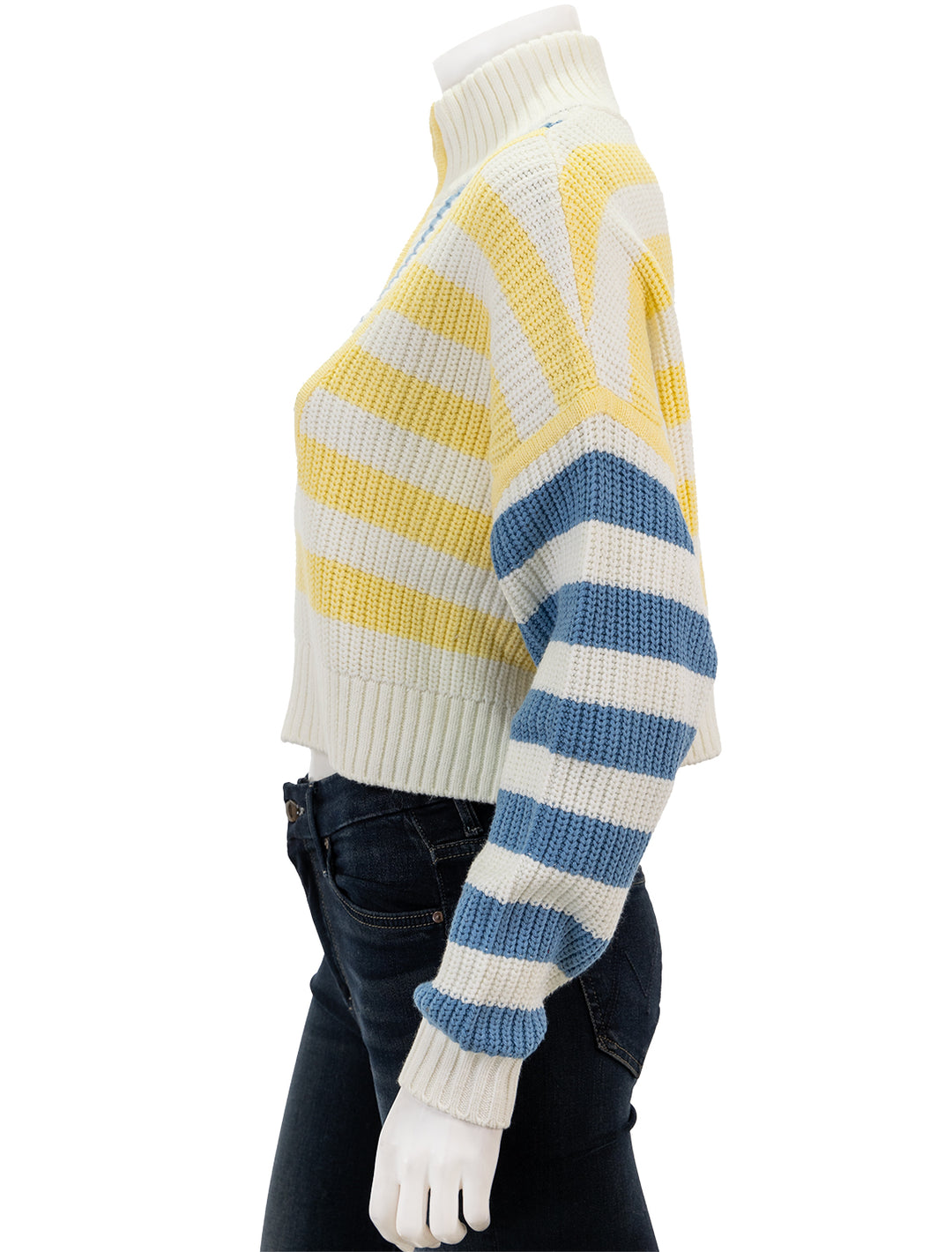 Side view of STAUD's cropped hampton sweater in buttercup seashore stripe.