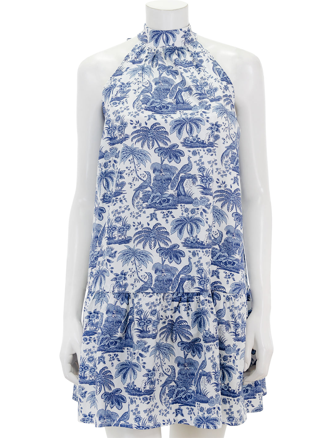 Front view of STAUD's marlowe dress in blue toile.