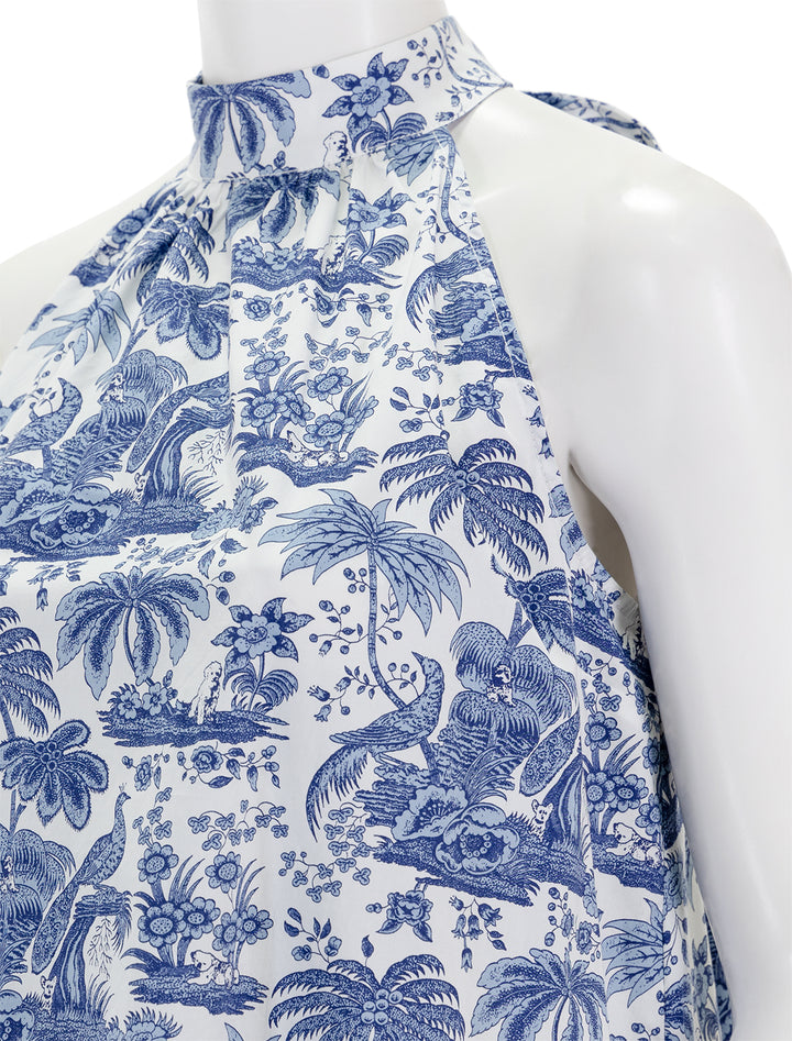 Close-up view of STAUD's marlowe dress in blue toile.