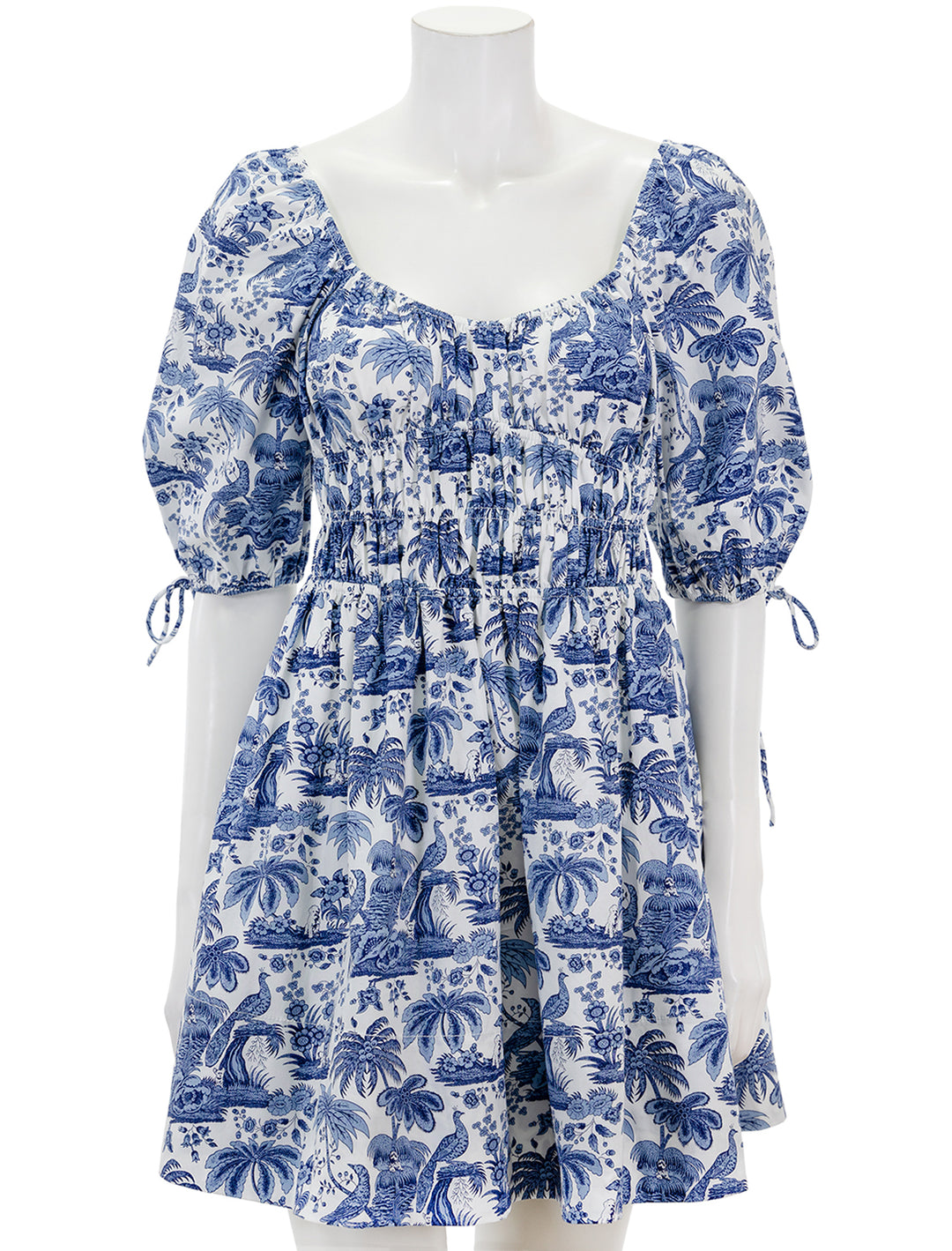 Front view of STAUD's mini faye dress in blue toile.