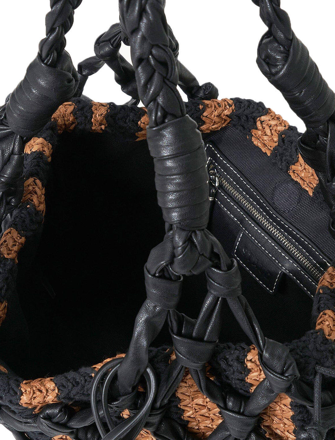 Close-up view of STAUD's hitch shoulder bag in black and tan seashore stripe