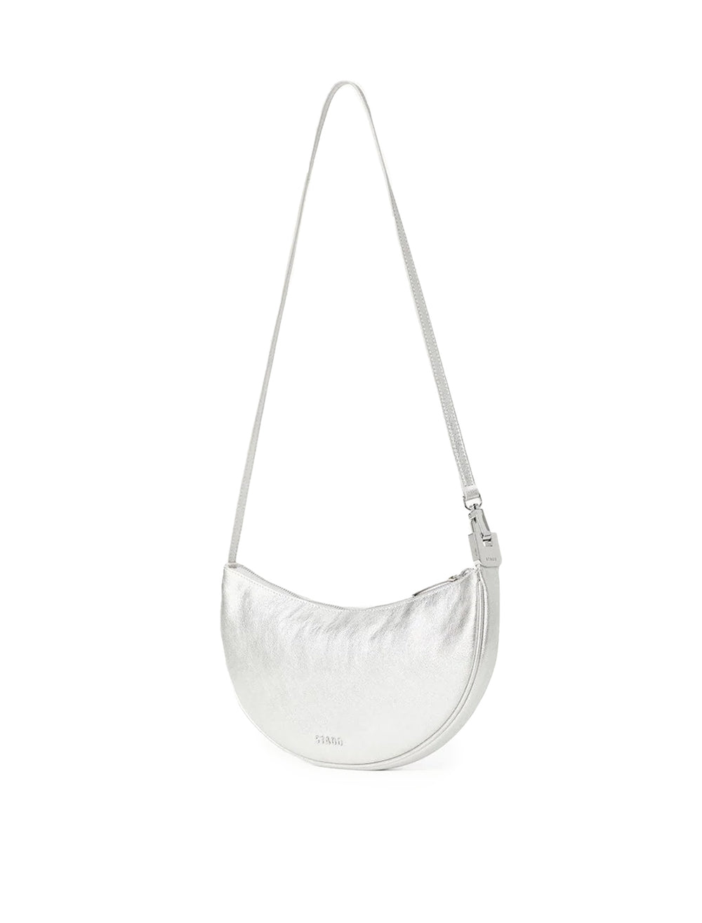 Front angle view of STAUD's walker shoulder bag in silver.