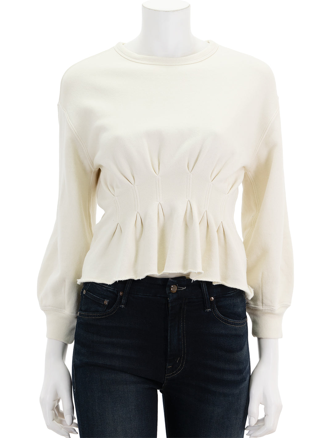 Front view of The Great's the corset sweatshirt in washed white.