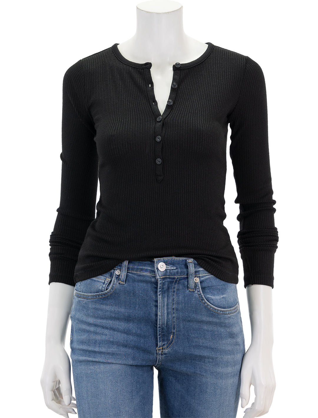 Front view of Rag & Bone's the knit rib henley in black.