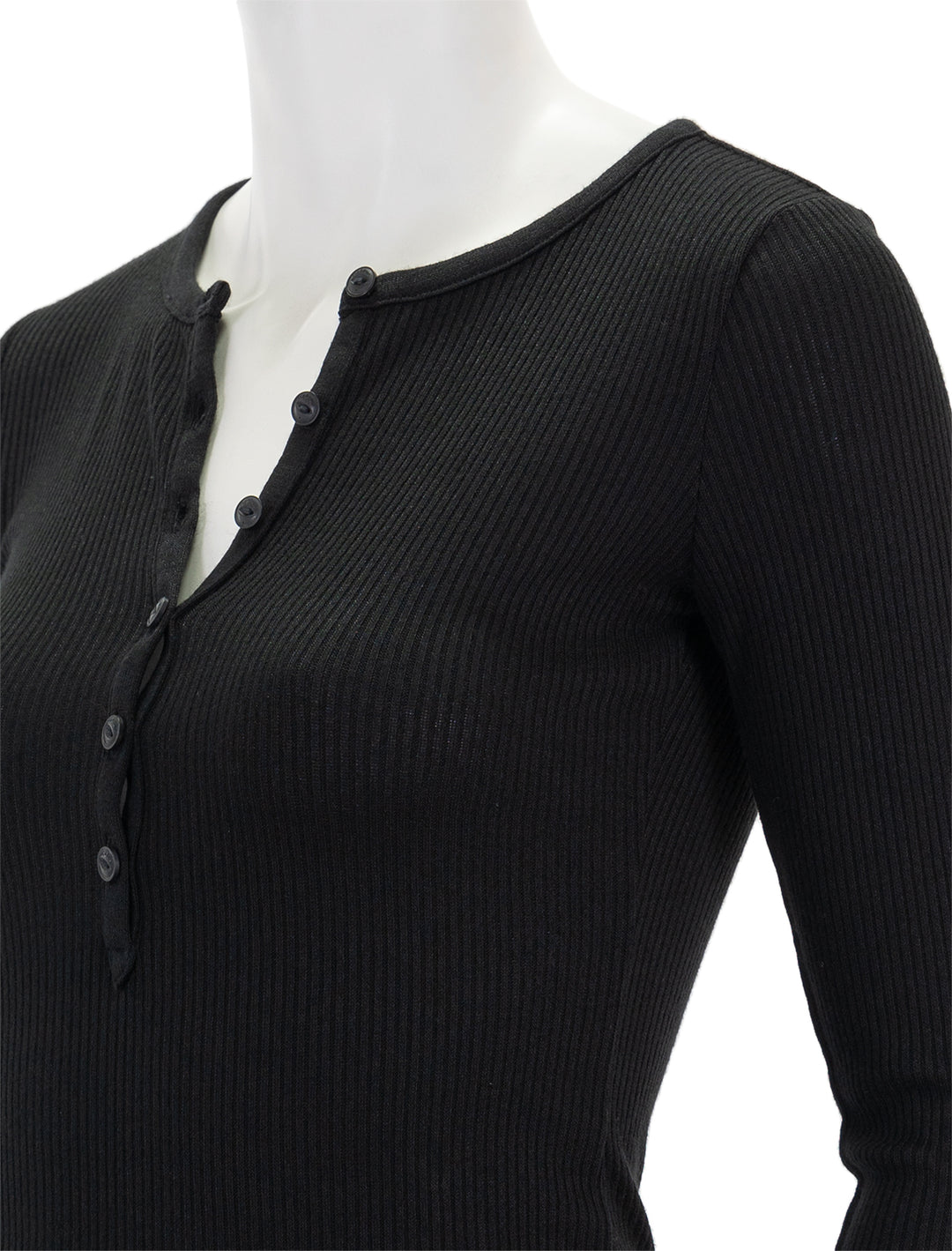 Close-up view of Rag & Bone's the knit rib henley in black.