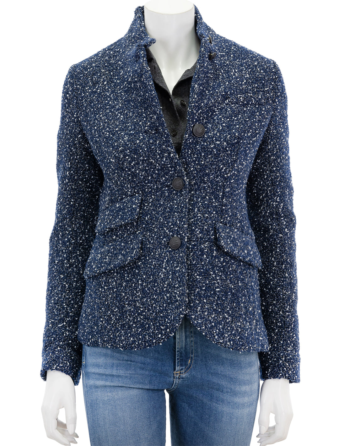 Front view of Rag & Bone's slade tweed blazer in blue.