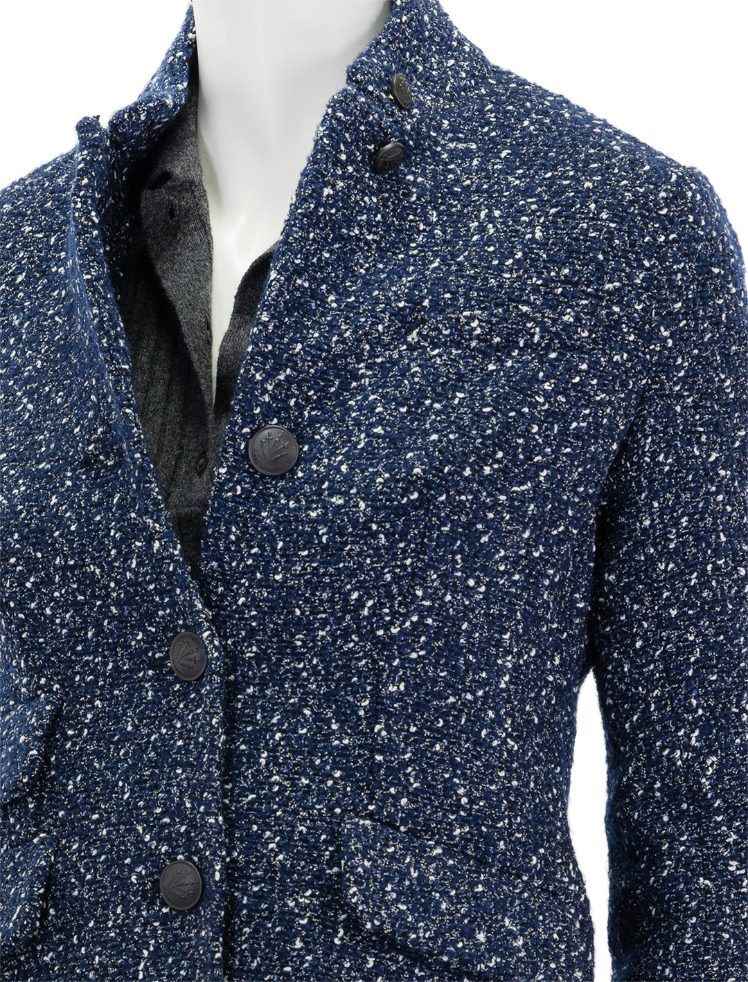Close-up view of Rag & Bone's slade tweed blazer in blue.