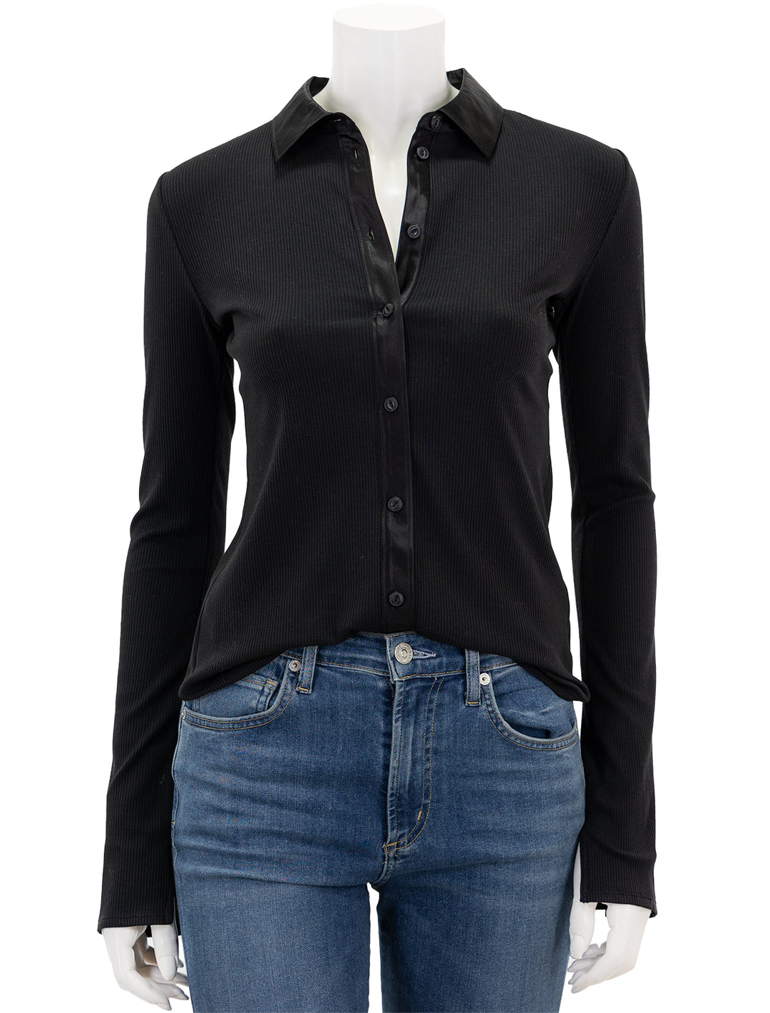 Front view of Rag & Bone's the ribbed mix media button down in black.