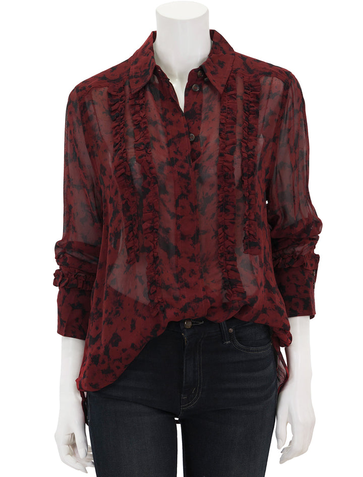 Front view of GANNI's georgette ruffle shirt in syrah.