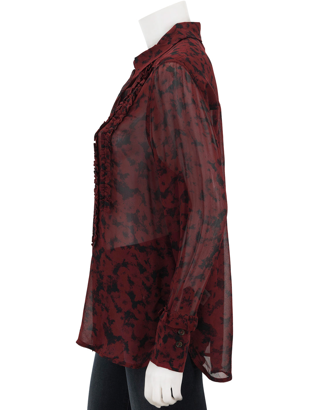 Side view of GANNI's georgette ruffle shirt in syrah.