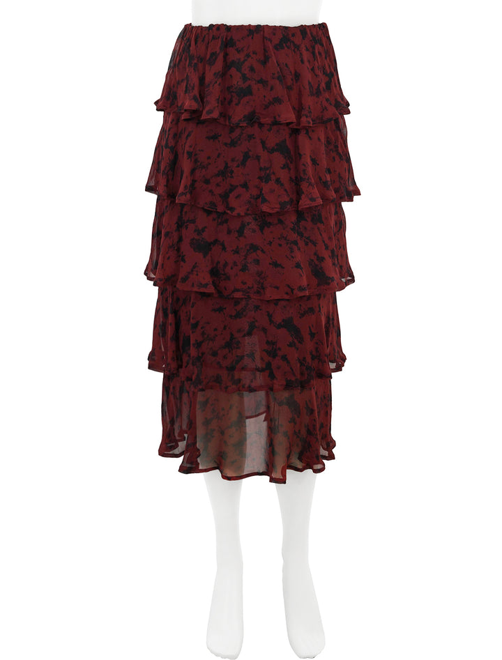 Front view of GANNI's tiered skirt in syrah.
