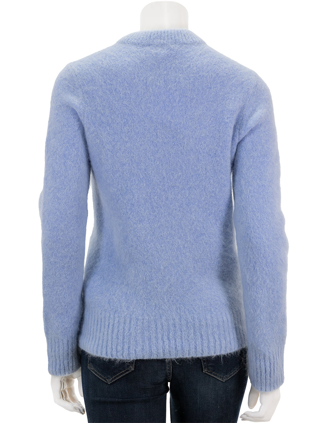 Back view of GANNI's brushed alpaca o-neck pullover in powder blue.