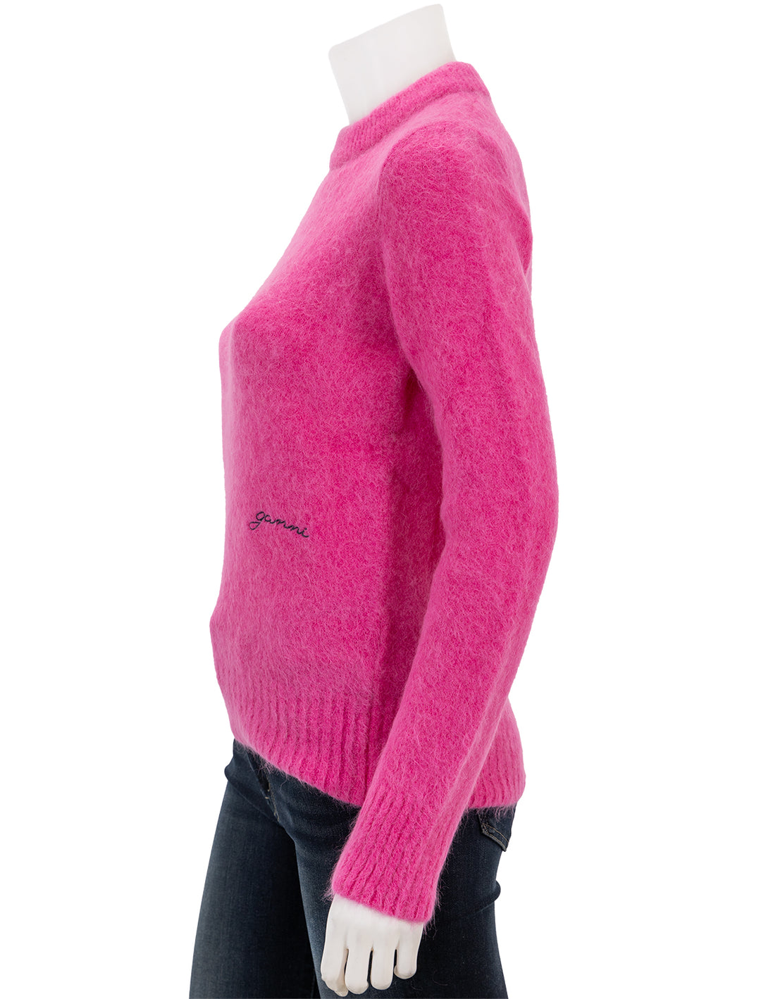 Side view of GANNI's brushed alpaca o-neck pullover in cone flower.
