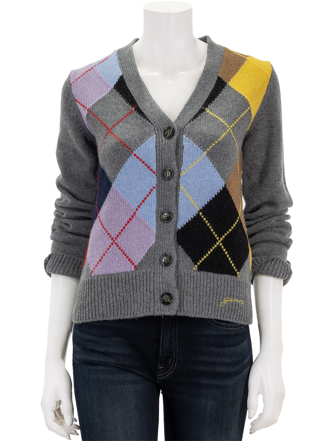Front view of GANNI's harlequin wool cardigan in frost grey.