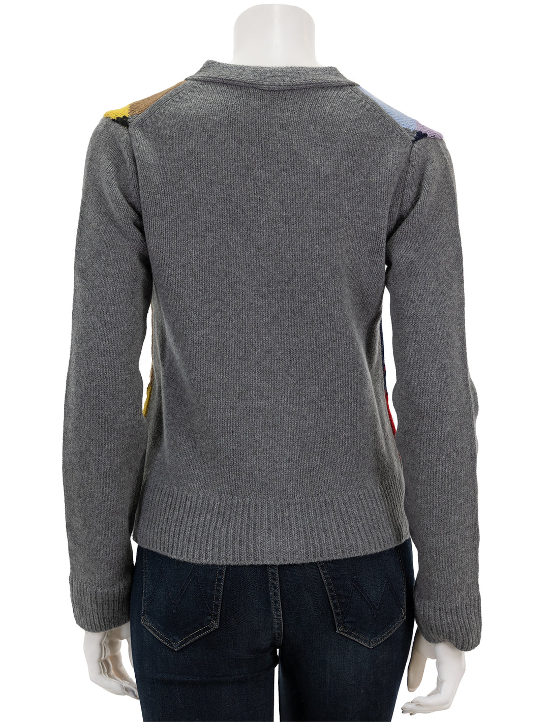 Back view of GANNI's harlequin wool cardigan in frost grey.
