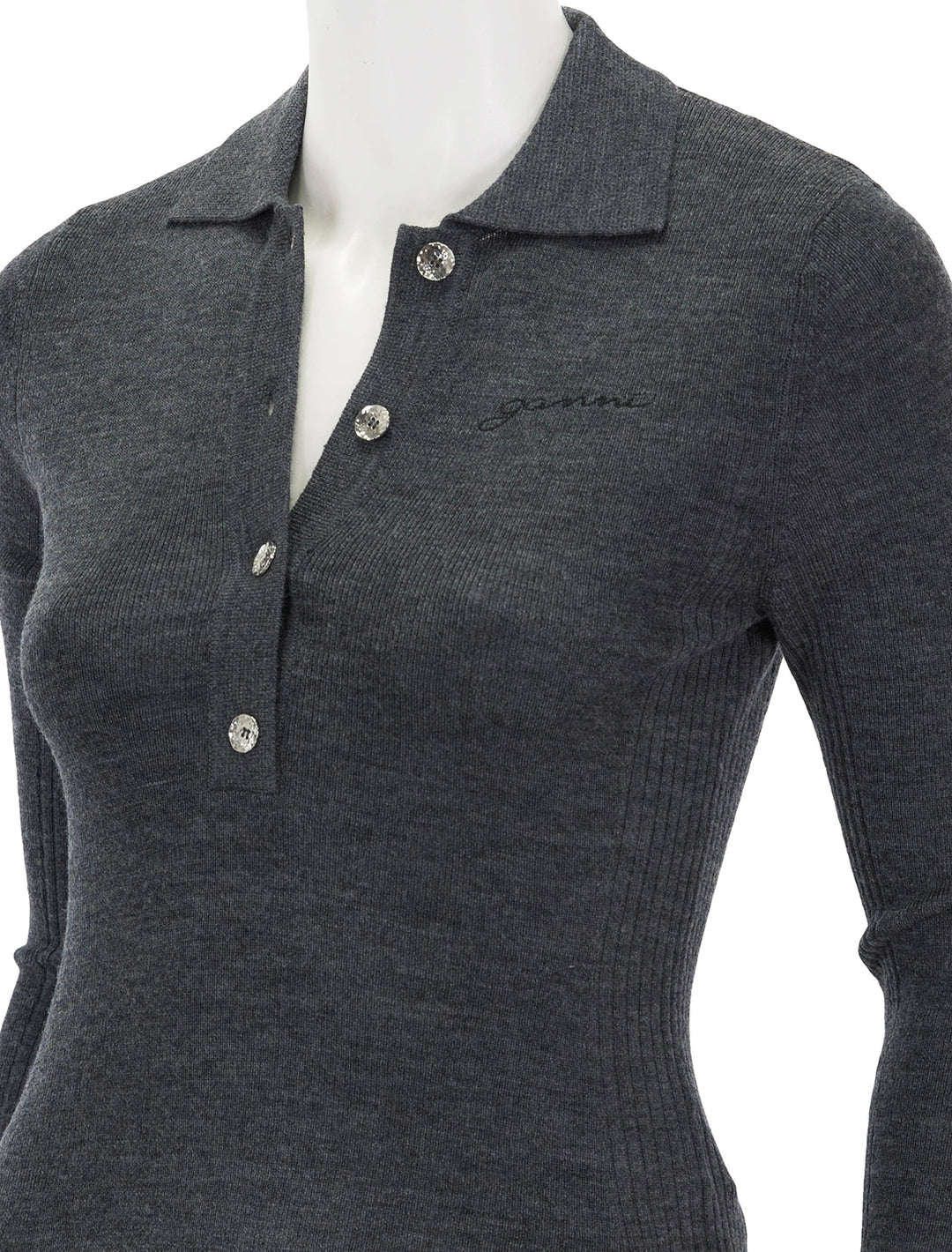 Close-up view of GANNI's mini ribbed merino polo in frost grey.