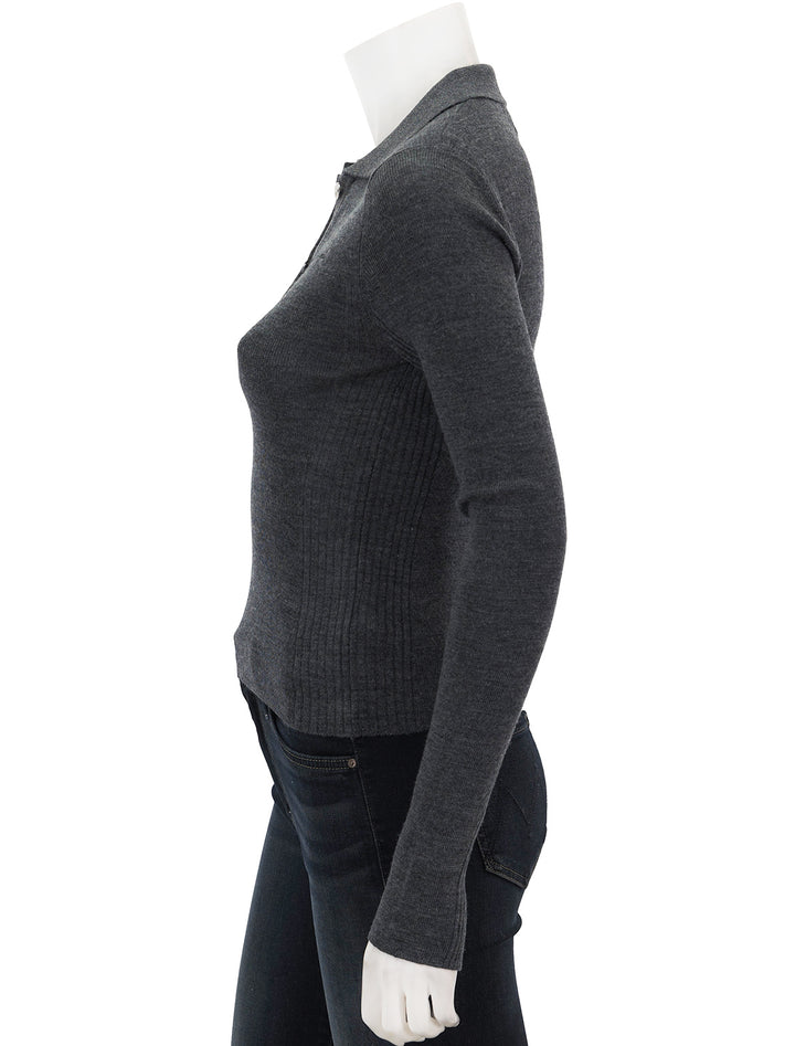 Side view of GANNI's mini ribbed merino polo in frost grey.