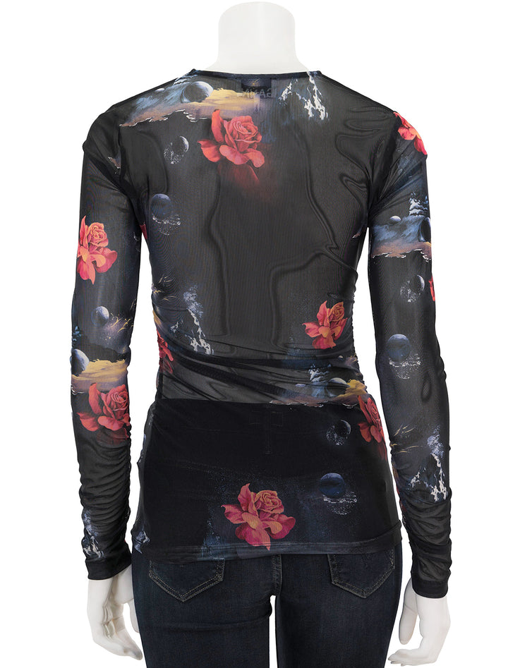 Back view of GANNI's printed mesh long sleeve gathered tee in astro print.