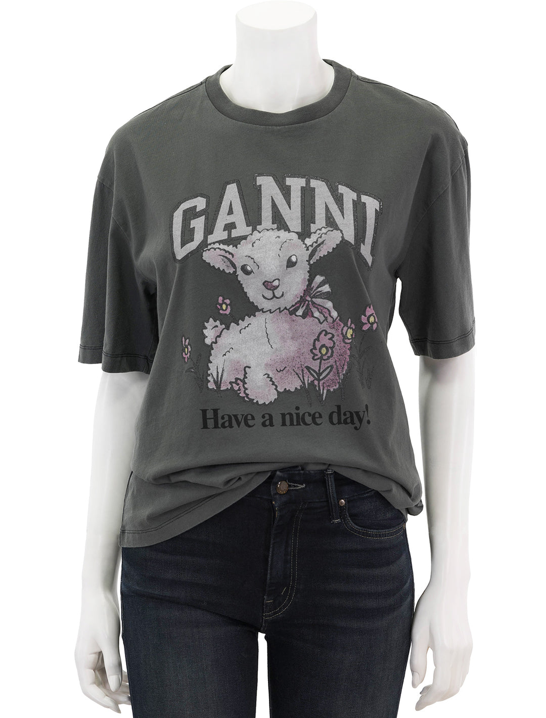 Front view of GANNI's future heavy jersey lamb tee in volcanic ash.