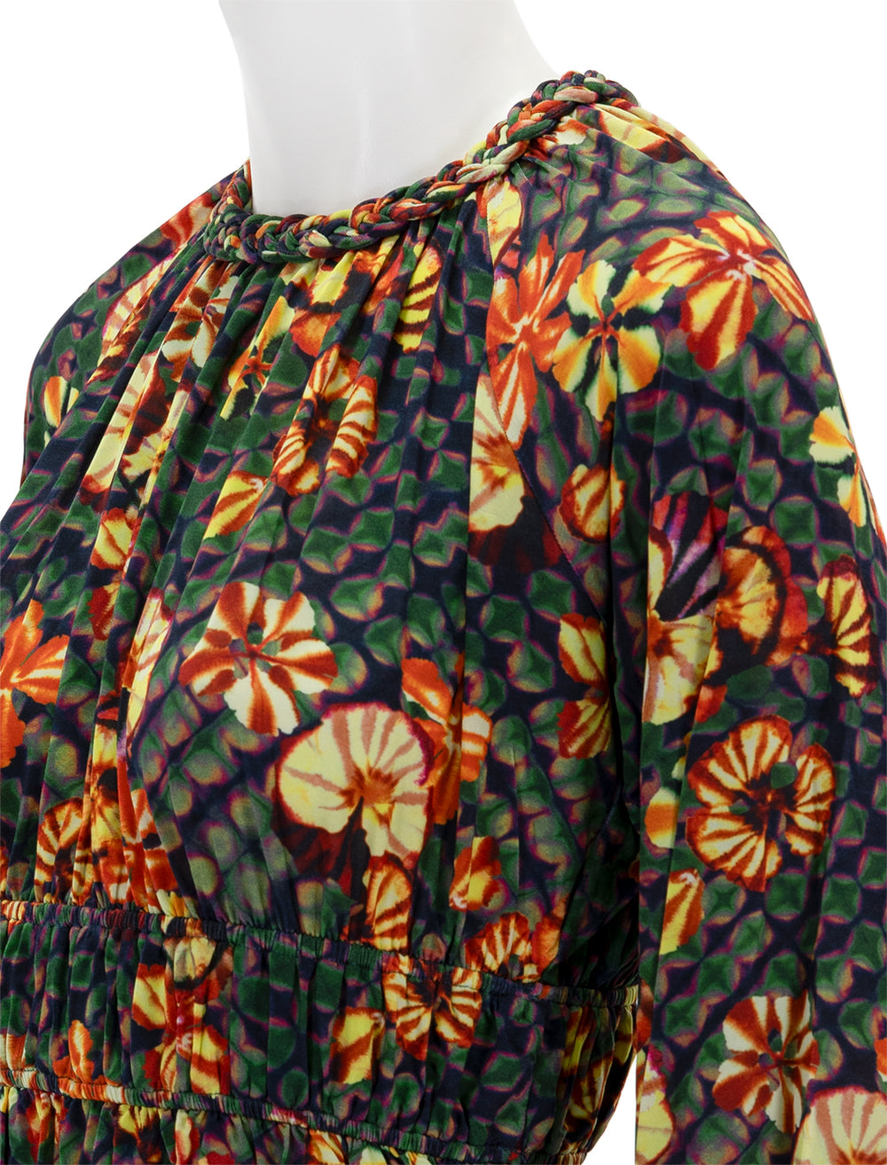 Close-up view of Ulla Johnson's ceres blouse in evergreen.