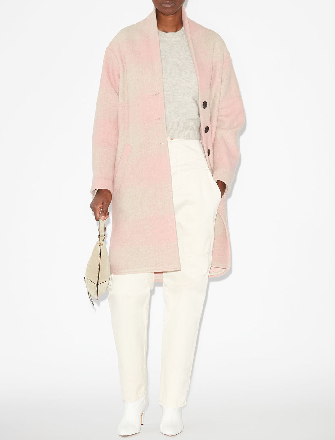 Model wearing Isabel Marant Etoile's Gabriel Coat in Light Pink.