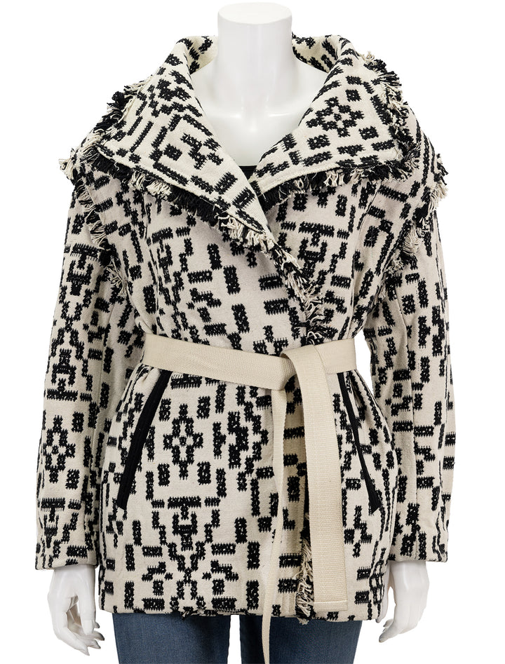 Front view of Isabel Marant Etoile's faith jacket in black and white, tied at the waist.