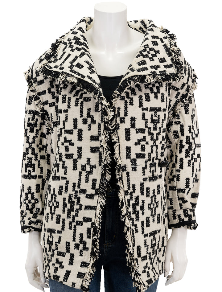 Front view of Isabel Marant Etoile's faith jacket in black and white, unfastened.