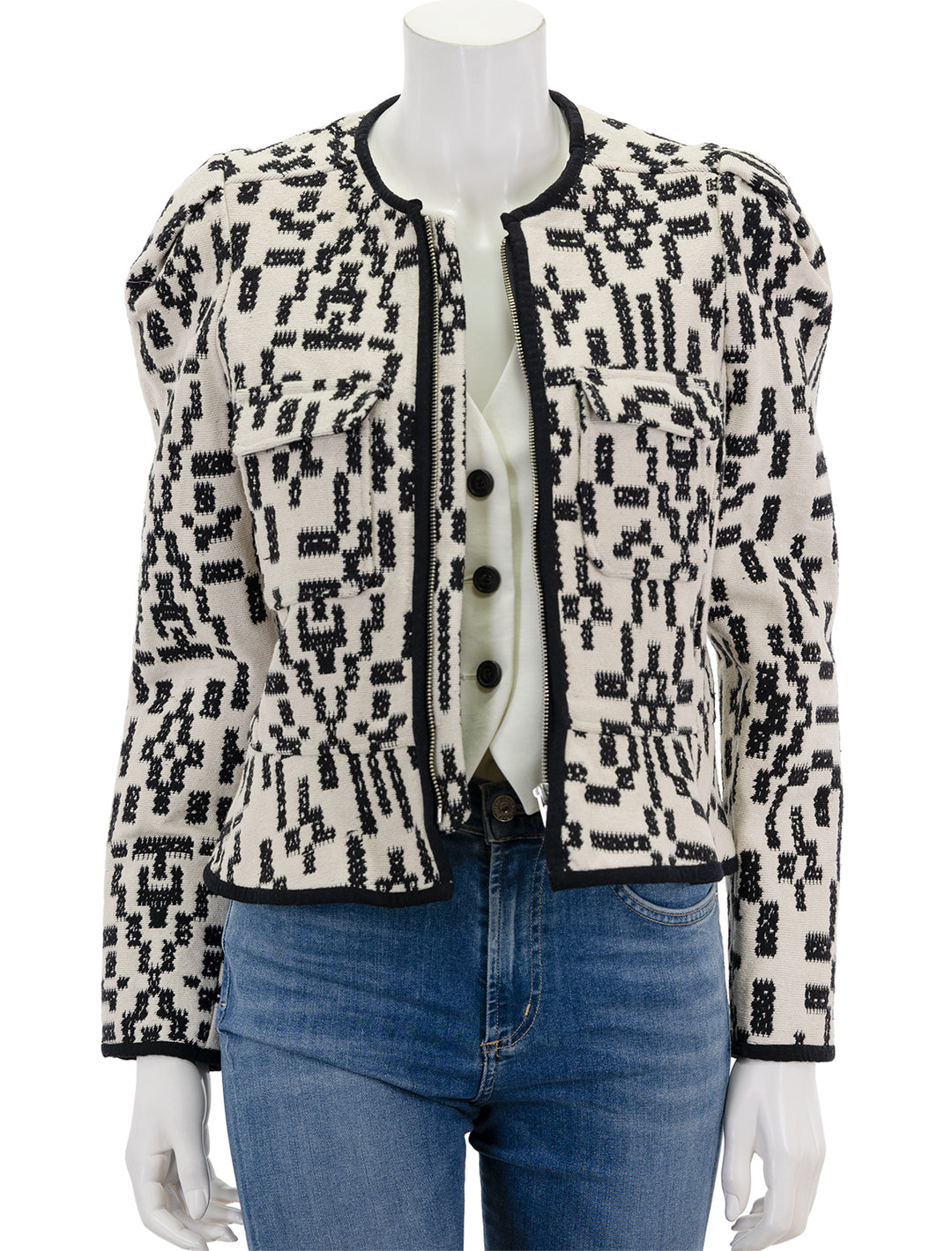 Front view of Isabel Marant Etoile's deliona jacket in black and white, unzipped.
