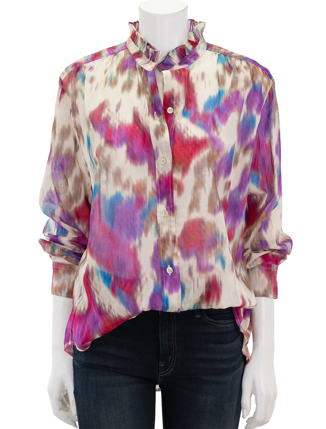 Front view of Isabel Marant Etoile's gamble top in beige and raspberry print.