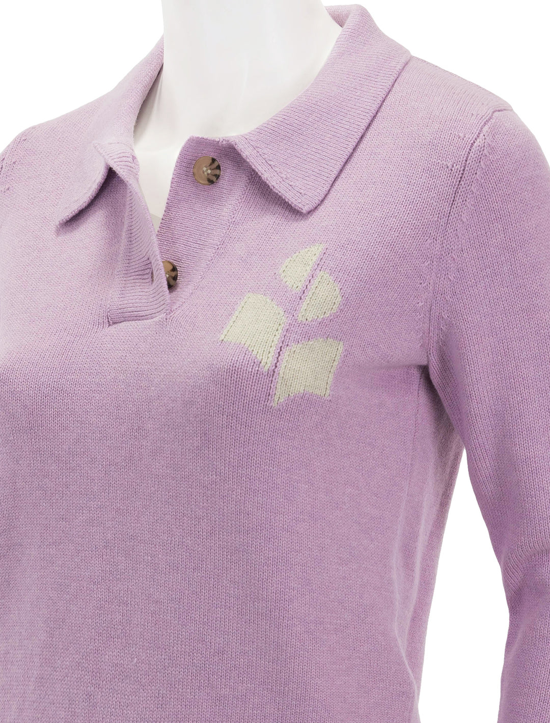 Close-up view of Isabel Marant Etoile's nola polo pullover in lilac.