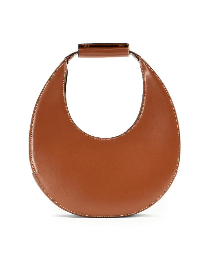 Front view of Staud's moon tote bag in tan.